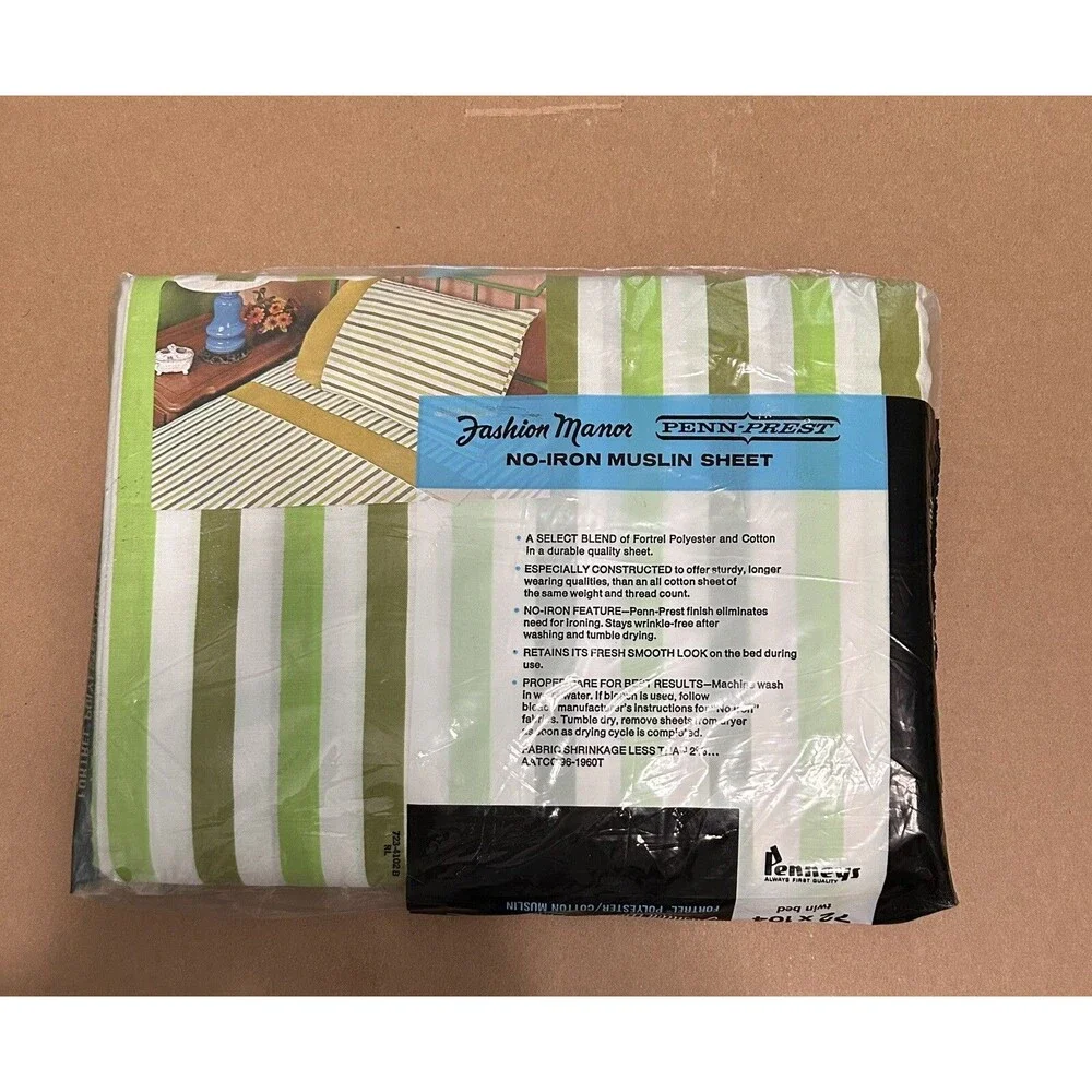 Vintage Penn-Prest JC Penny Fashion Manor Green Striped Full & Flat sheet Muslin